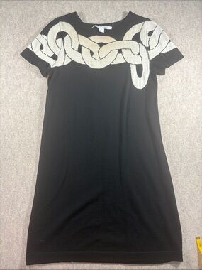 DVF Diane Von Furstenberg Black Wool Knit Chain Motif Shift Sweater Dress size S